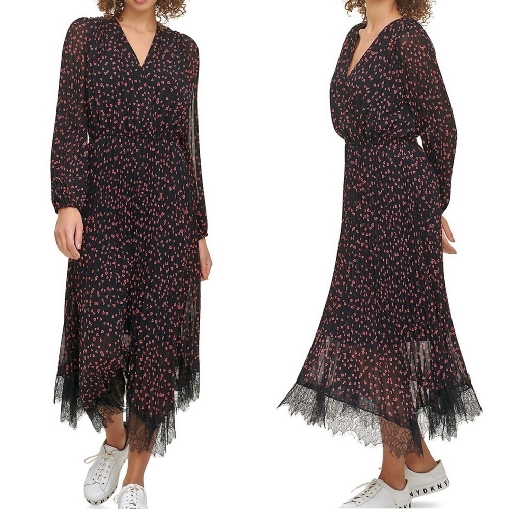DKNY NWT Heart Print Midi Dress XXS black red eyelash lace Valentine’s Day